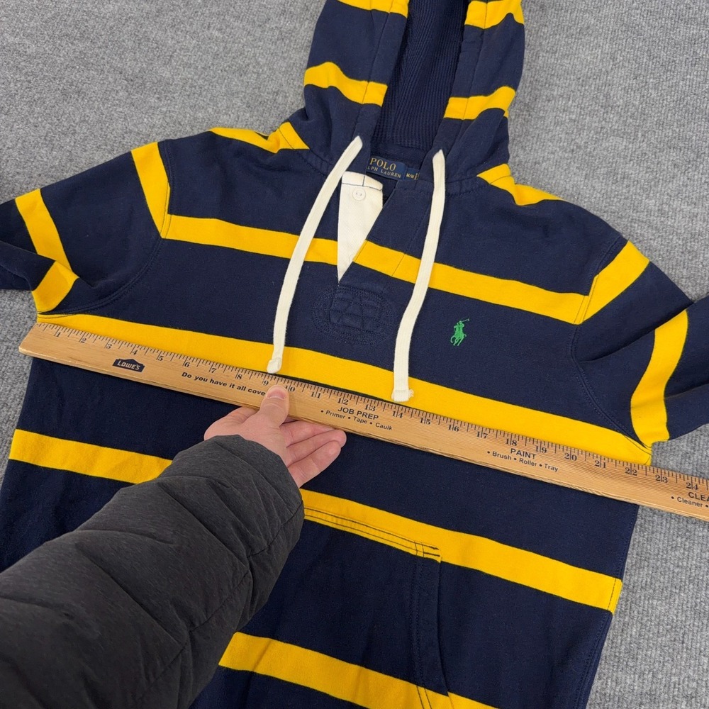 Polo Ralph Lauren Hoodie Mens M Rugby Striped Navy Yellow Pony Preppy Thermal‎ - Picture 6 of 10